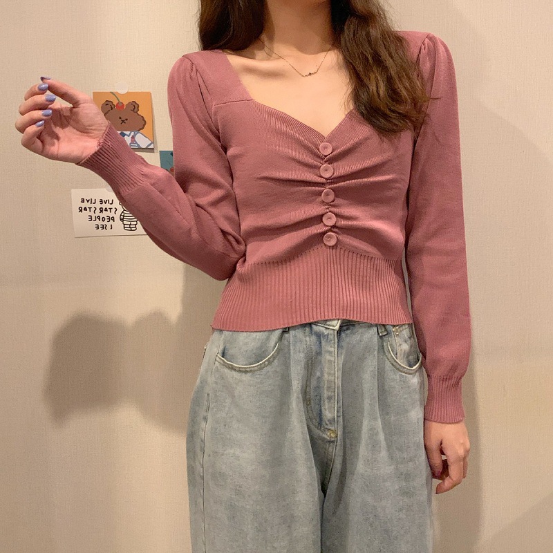 

2020 Autumn Women Fashion Long-Sleeve Deep V-neck Sweaters Slim Sweet Knitted Casual Tops Autumn Clothes Women, Black