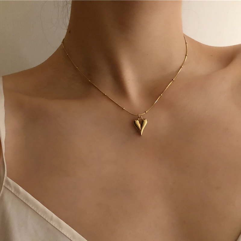 

GHIDBK Stainless Steel Beaded Snake Chain Heart Pendant Necklaces Rose Gold Color Charm Choker Necklace Women Jewelry Accessory