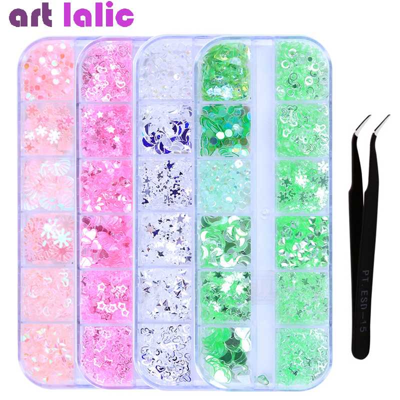 

1 Box Candy Color Nail Glitter Sequins Mixed Design Snowflower Star Moon Sparkly Paillette Flakes Nail Art Decor with Tweezer