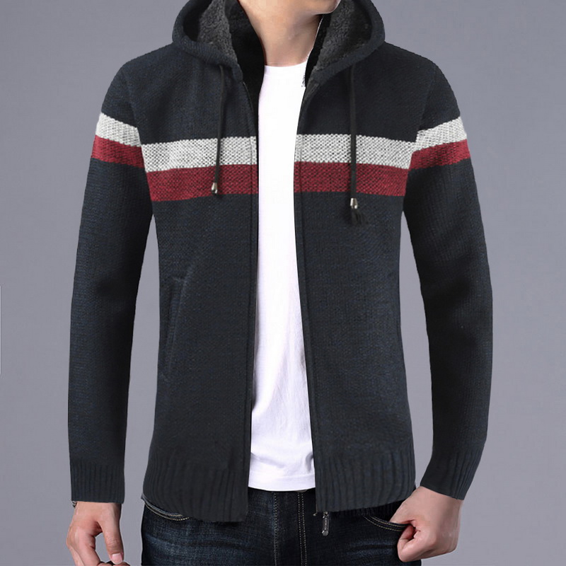 

HEFLASHOR Sweater Coat Men 2020 New Spring Warm Hooded Cardigan Jumpers Men Striped Cashmere Wool Liner Zipper Fleece Coat, Blue 1