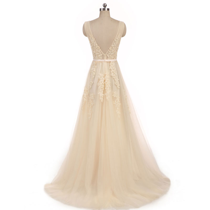 

New arrival elegant champagne wedding dress Vestido de Festa appliques zipper A-line dress sweep train bow dress lace style, White
