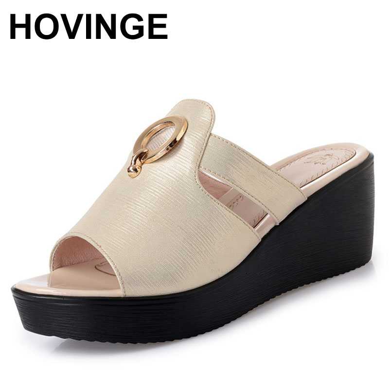 

HOVINGE Women Slippers On The Platform 2020 New Summer Women Genuine Leather Sandals Fashion Wedge Shoes, Gold
