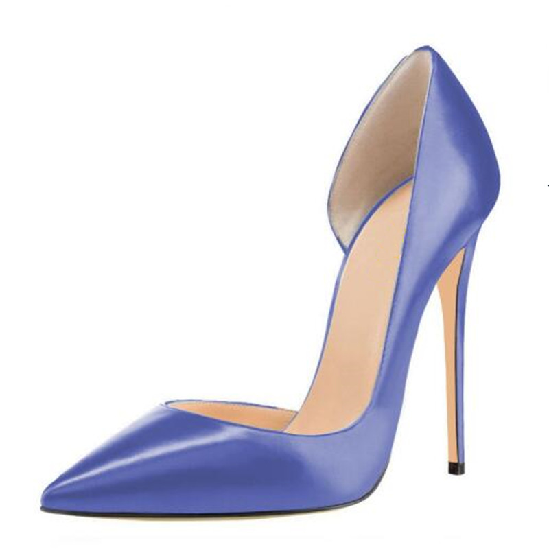 

Shofoo shoes new versatile shallow Patent Leather Slim heel pointed high heel about 11cm high, Blue