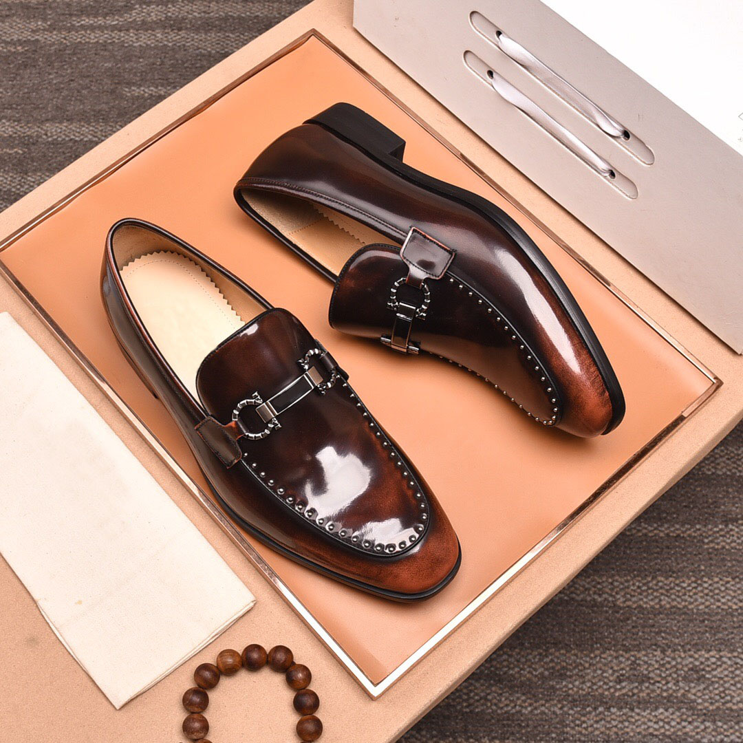 

2020 Mens fashion genuine leather loafers party wedding dress shoes men office brand designer rivets formal flats size 38-45, Black 2