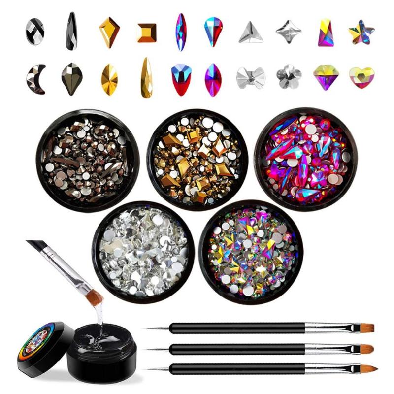 

Nail Art Rhinestones Set with Glue and Tools, Mixed Flatback Crystal Rhinestones with 5 Colors (100 Pcs Colorful Crystals