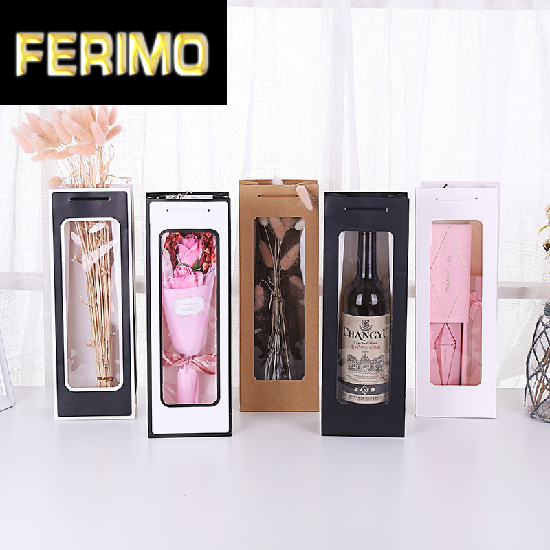 

12pcs Christmas Red Wine Bag Single flower Gift Bag Vertical Rectangular wedding Transparent Hand-held packaging Paper