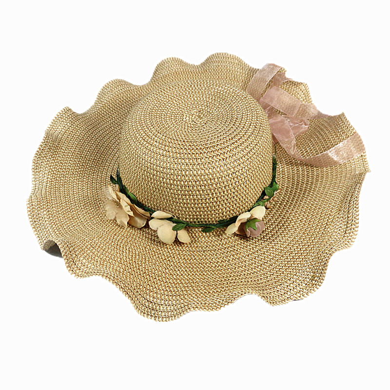 

Hot Sale Korean Straw Sun Hats For Women Girls Cap Anti-UV Beach Summer Floppy Cap For Ladies Flower Straw Hat With A Wide Brim, Khaki
