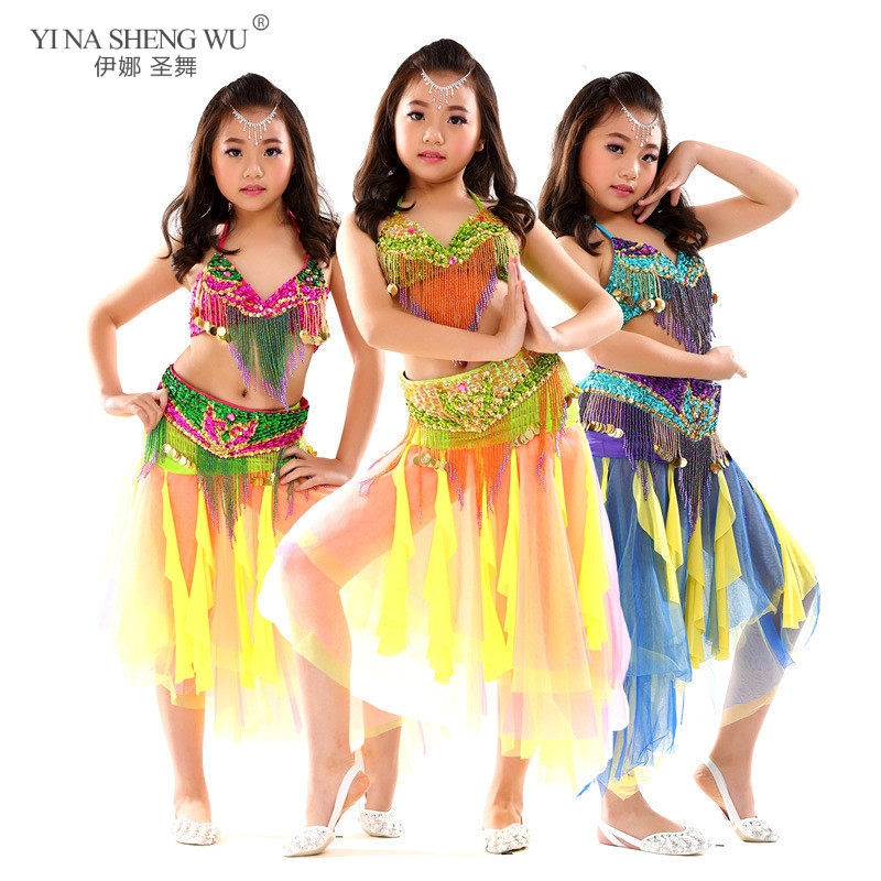 

3pcs Bellydancing Performance Clothes For Kids Oriental Dance Costumes Skirt Bra Belt Suit Kid Belly Dance Costume Set 3 Pieces, Green-orange long