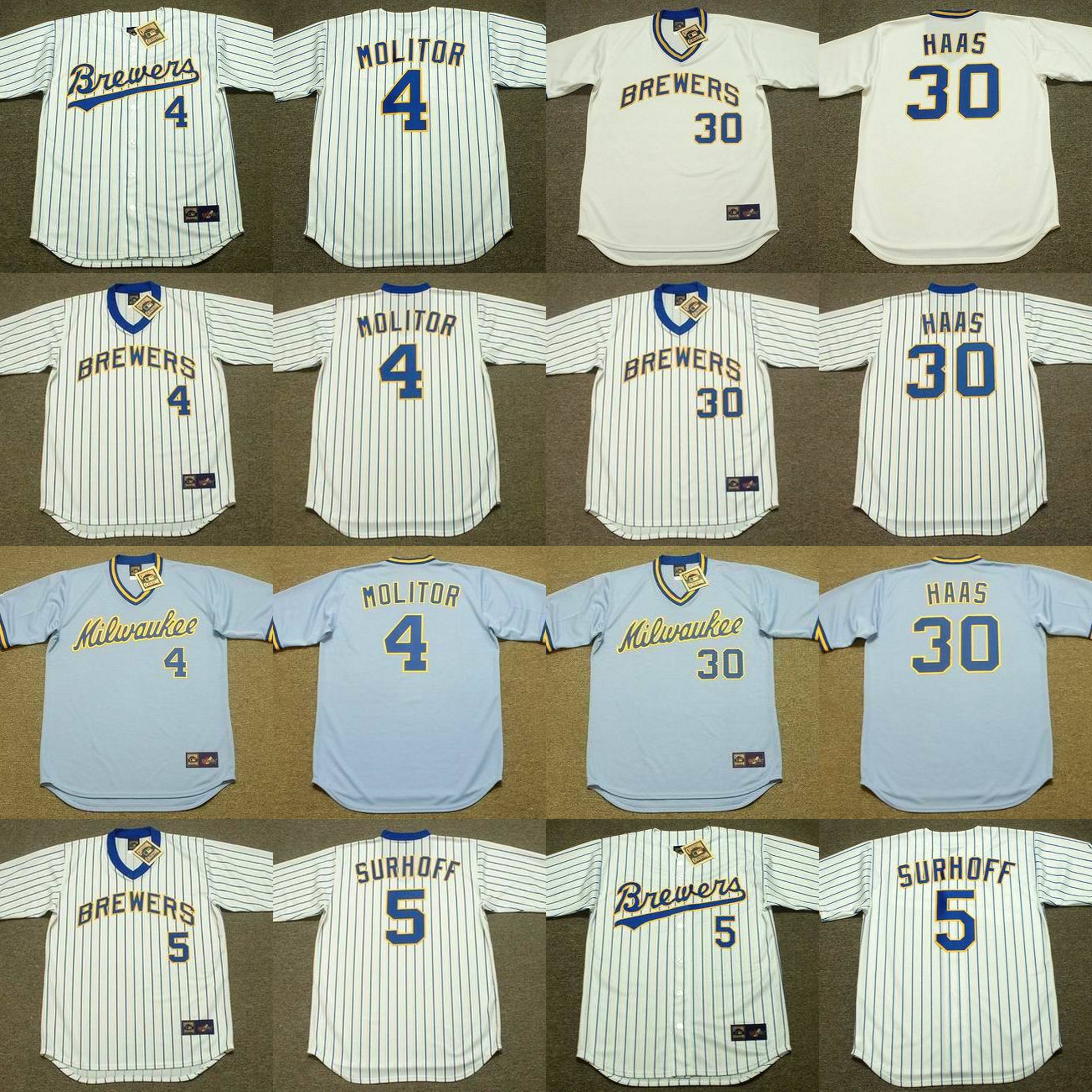 

Milwaukee 4 PAUL MOLITOR 5 BJ SURHOFF 19 ROBIN YOUNT 23 TED SIMMONS 30 MOOSE HAAS baseball jersey stitched, Black