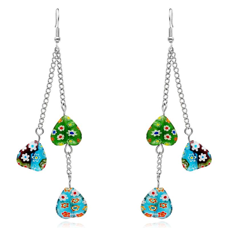 

Handmade High Quality Murano Glass Heart Pendant Long Chain Dangle Earrings Trendy Long Tassel Resin Earrings for Women Fashion