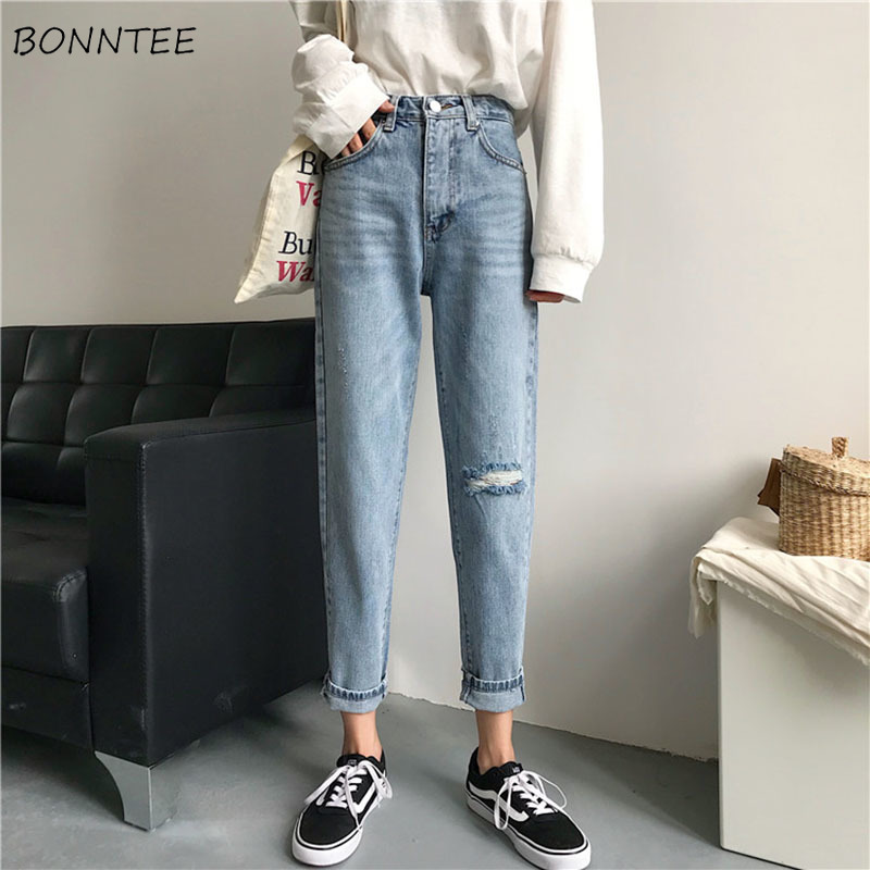 

Jeans Women Spring Autumn Trendy Simple All-match Loose Korean Style Hole Streetwear Womens Trousers Casual Chic Solid, Blue