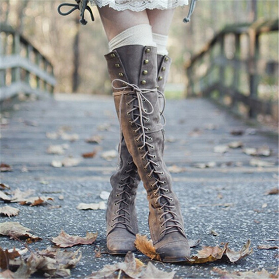 

2020 Classic Low Heel Grey Black Leather Cowboy Women Boots Retro Autumn Winter Lace Up Knee High Boots Shoes Woman Botas Mujer, As picture