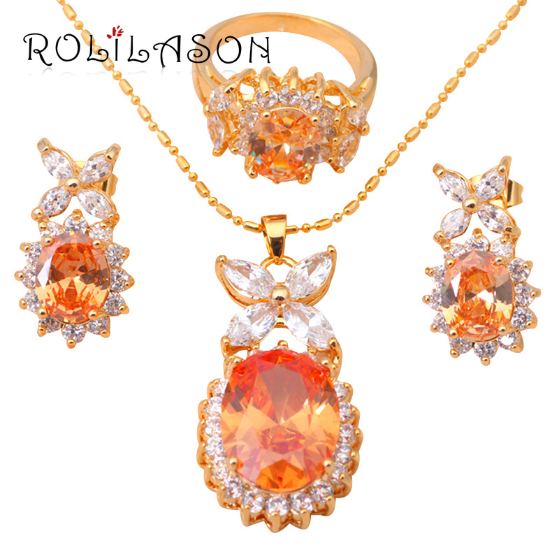 

Gold Tone Earring Necklace Fashion Jewelry Sets for Women Ring Champagne Crystal Sz #6 #7 #8 #9 JS242, As pic