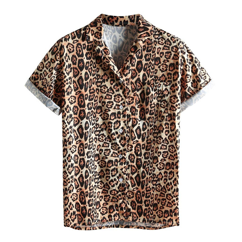 

2020 Fashion Men Casual Button Leopard Print Beach Short Sleeve Pocket Top Blouse Turn Down Collar Hawaiian Shirt Streetwear, Black