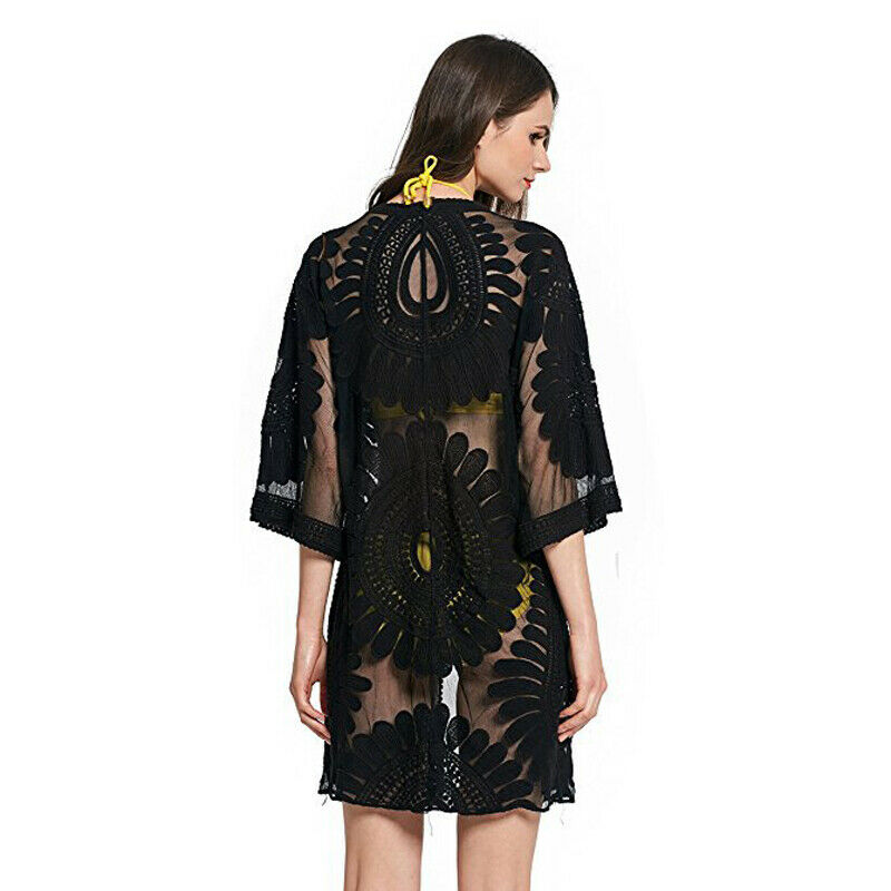 

Bikini 2020 Women Beach Cover Up Embroidery Half Sleeve Chiffon Kimono Cardigan Cover Ups Tops Black White Beach Wear