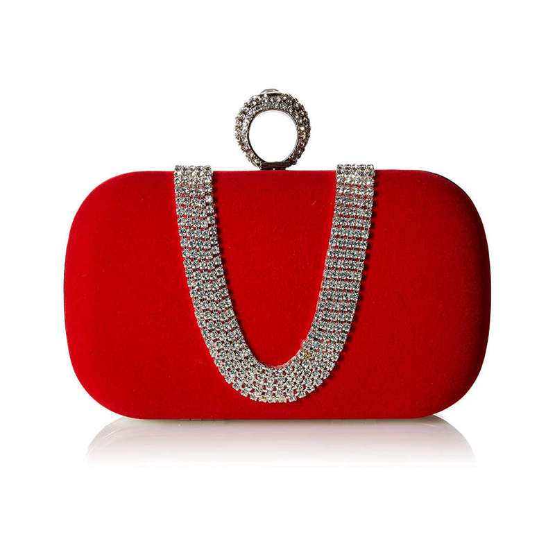 

Suede Velvet Rhinestone Stud One Ring Decor Evening Cocktail Clutch Bag(Red)