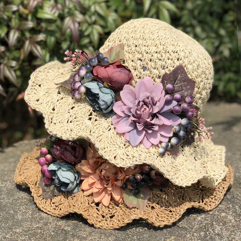 

Summer Sweet Floral Knitted Straw Hats Women Outdoors Beach Casual Sun Hat Dome Solid Fashion Caps Collapsible 55-58cm Adult, Grey