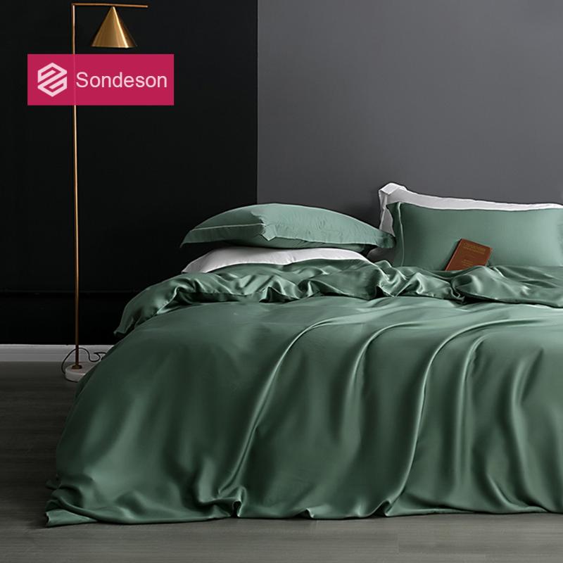 

Sondeson Luxury 100% Silk Green Bedding Set 25 Momme Silk Healthy Skin Duvet Cover Set Flat Sheet Pillowcase  King Bed, 006