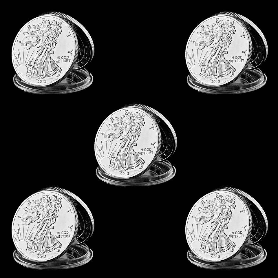 5pcs 2013 American Statue Of Liberty Eagle Badge Craft Silver Plated Commemorative Coin 40mm X 3mm Collection Gift Home Decoration-image-573177273