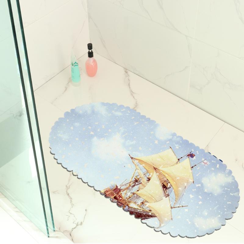 

Sailboat Hand-painted Bathroom Mat Non-slip Waterproof Kitchen Rug Pool Bathtub Hotel Sucker Foot Pad PVC Hollowed Carpet