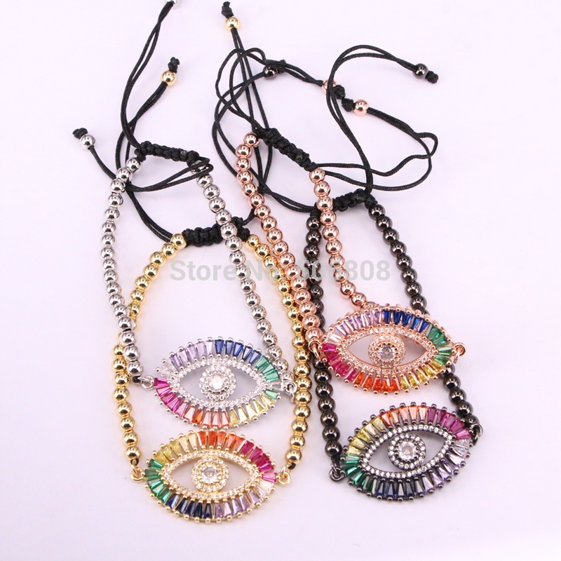 

6PCS, Micro Pave Rainbow CZ Stone Eye Macrame Braiding Adjustable Bracelet