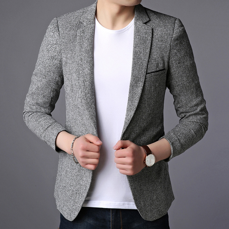 

Korean Slim Solid Mens Blazers Casual Single Button Men Fitted Blazer Full Sleeve Office Suit Jacket, Gray
