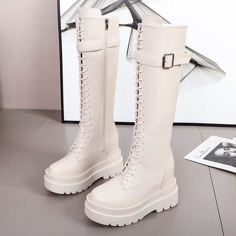 

Women Winter Boots 2020 Ladies Chunky Shoes PU Leather Knee High Long Botas Nice Fashion Buckle Lace Up Platform, Beige