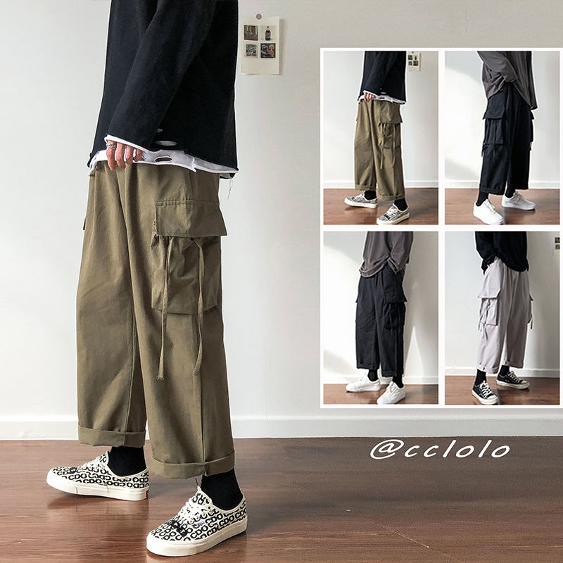

2020 Men' Loose Straight Work Cargo Pants Ribbon Decorate Streetwear Casual Pants Fashion Trend 3 Color Trousers -2XL, Black