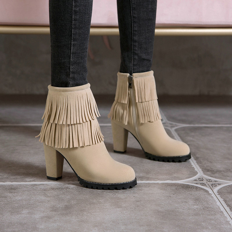 

DEAT 2020 new Autumn and Winter fashion frosted tassel round head thick high heel Single Shoes Women Short Cool Boots SF271, Black