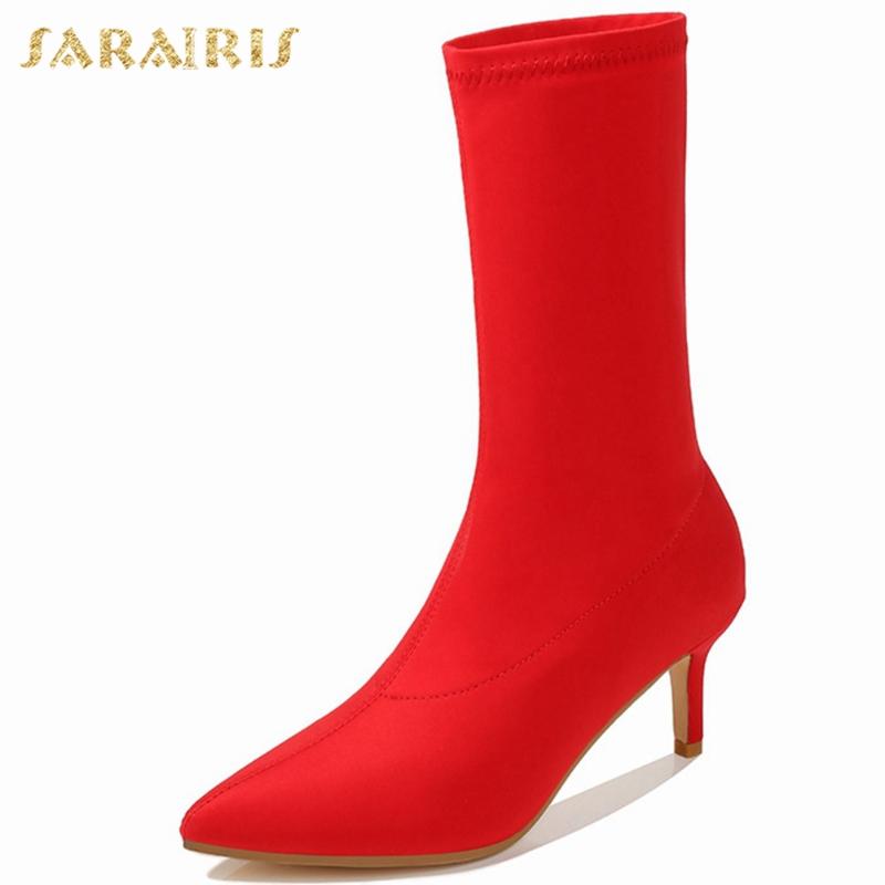 

Sarairis Fashion New Concise INS Shoes Woman Boots Female Slip On Sexy Thin High Heels Pointed Toe Party Boots Ladies Footwear, Black