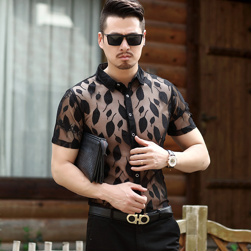 

Creative leaves pattern fashion streetwear short sleeve shirt Summer 2020 New quality hollow transparent luxury men shirt -XXXL, As picture