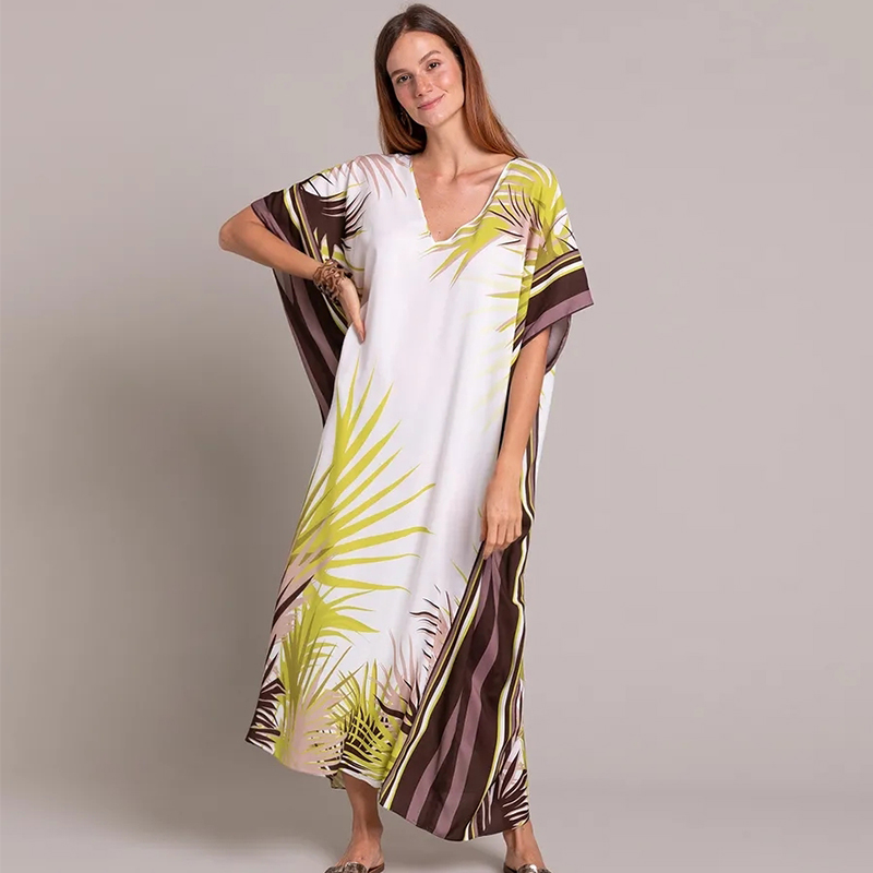 

Sexy Bikini Cover-ups Cotton Tunic Boho Printed Summer Beach Dress Elegant Women Plus Size Beach Wear Swim Suit Cover Up Q1108, Khaki