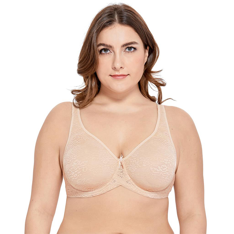

Women's Plus Size Full Coverage Underwire Non Padded Smooth Lace Bra, Beige02