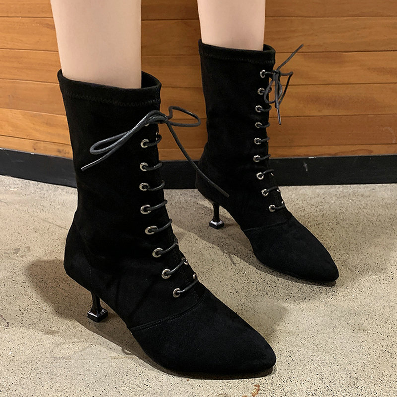 

Nice Mid Calf Boots Women Autumn Pointed Toes Pretty Dress Shoes Woman Thin High Heels Sexy Lady All Black Wild Pumps
