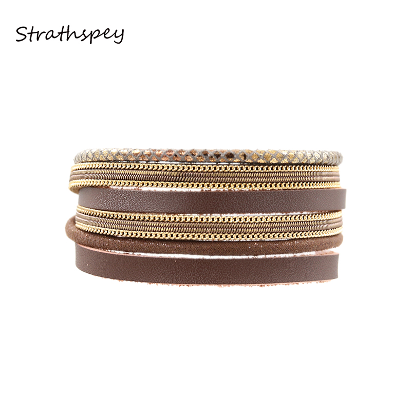 

STRATHSPEY Genuine Leather PU Bracelets&Bangles For Women Pulseira Casual Multi Rows Brown /Coffee Chain Set Band 2Cm Width