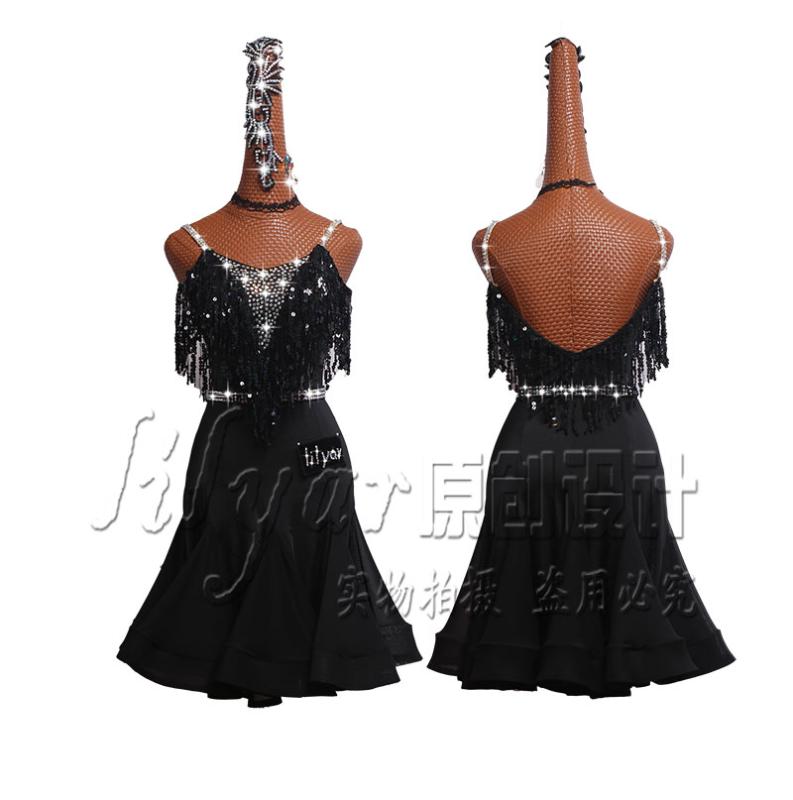 

Latin Dance Dress Latin Skirt Competition Dress Costumes Performing Adult Customize Children Black Fishbone Skirt Slim Fit, 1dance dress 1belt