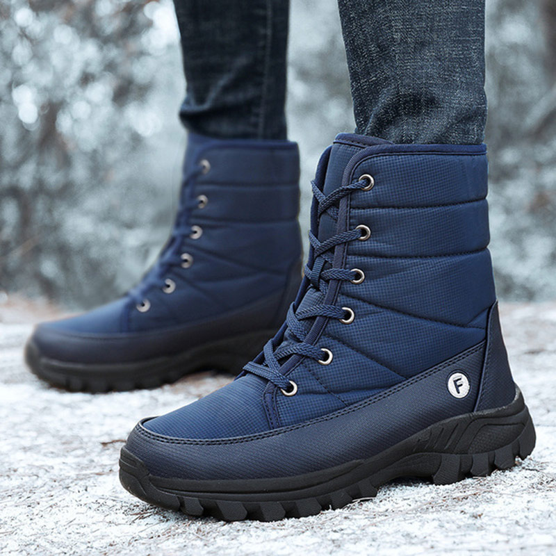 

Warm cotton snow boots men shoes 2020 waterpoof non slip mid-calf round toe lace-up rubber sole safety shoes men winter boot, Black