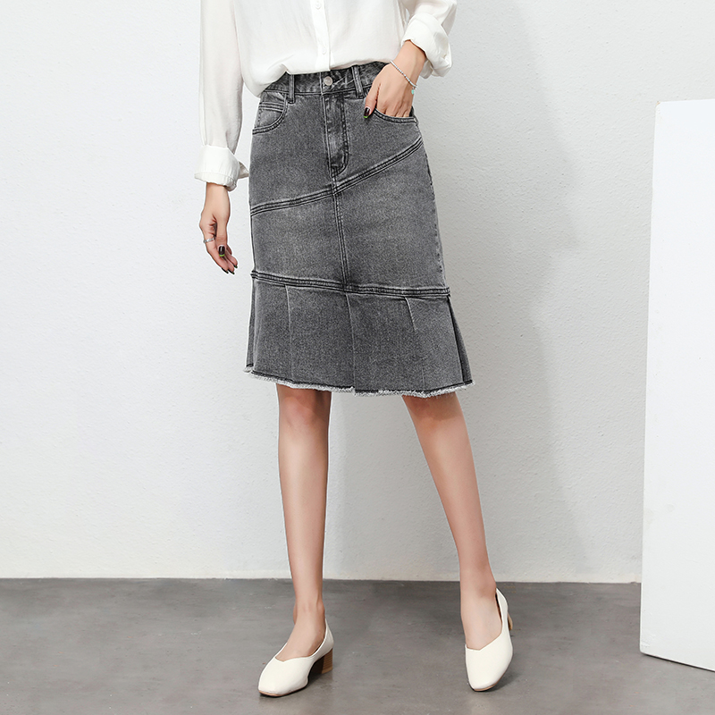 

Autumn High Quality Office Lady Mermaid Skirt Summer 2020 Fashion Pockets Vintage Elegant Hip Mid Jeans Skirt Grey Blue In Stock