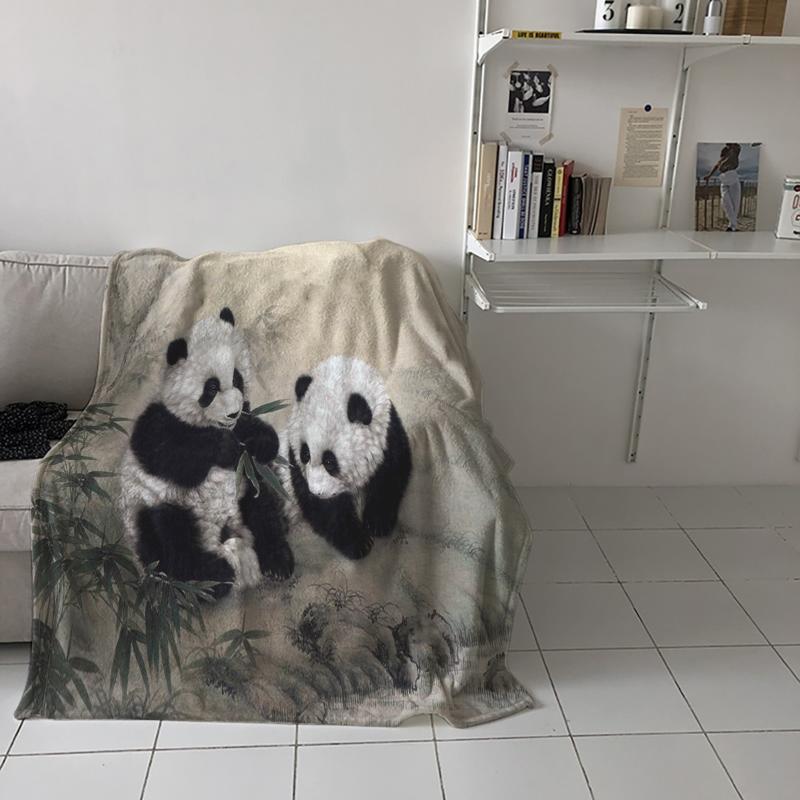 

Animal Cute Panda Bamboo Ink Painting Printed Flannel Blanket Soft Throw Blanket Machine Washable Blankets for Beds