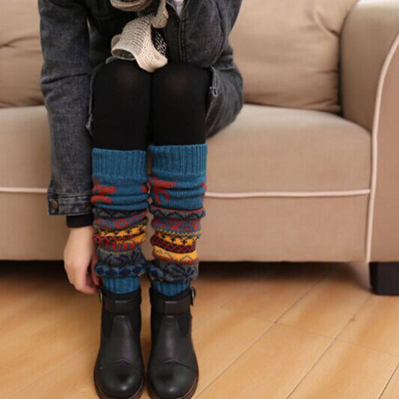 

Winter Christmas Knitted Reindeer Snowflake Women Crochet High Long Socks Skarpetki, Gray