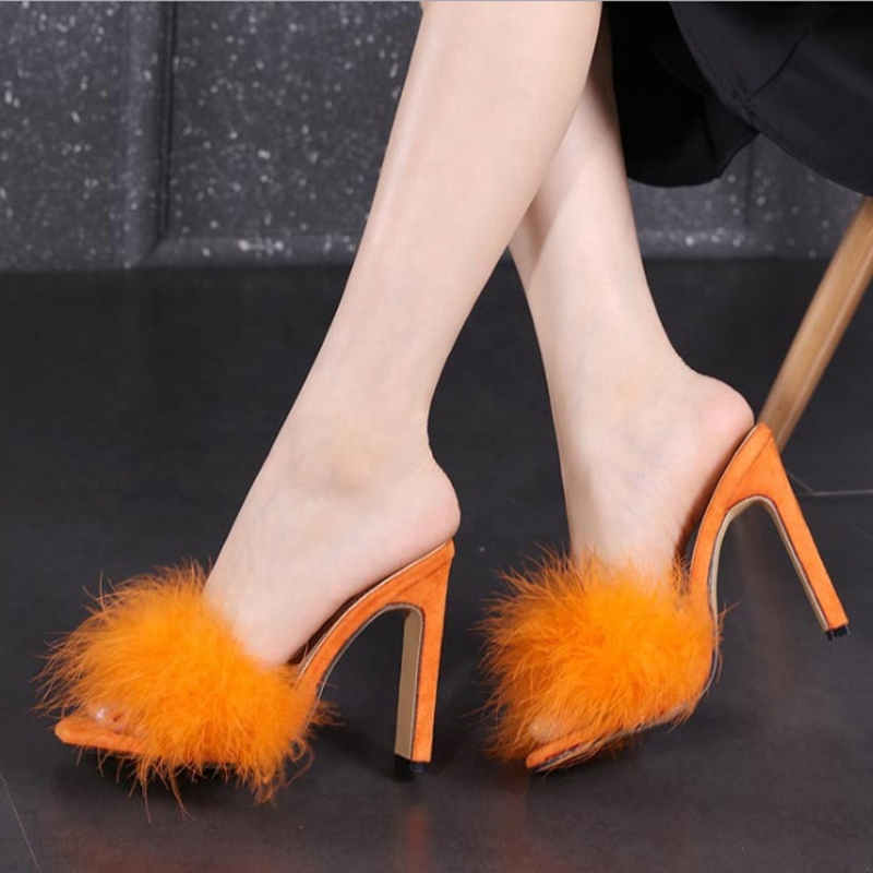

Solid Fashion Ladies Summer Open Square Toe Chunky High Heel Slip-0n Slippers Women Home Fluffy Fur Outside Shoes, Black