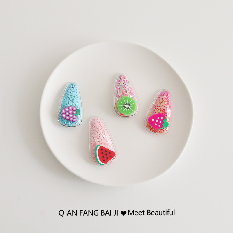 

Cartoon Handmade Colorful Fruit Baby Clip Love Plastic Quicksand Glitter Personality Decoration Headdress Young Girl Hairclip