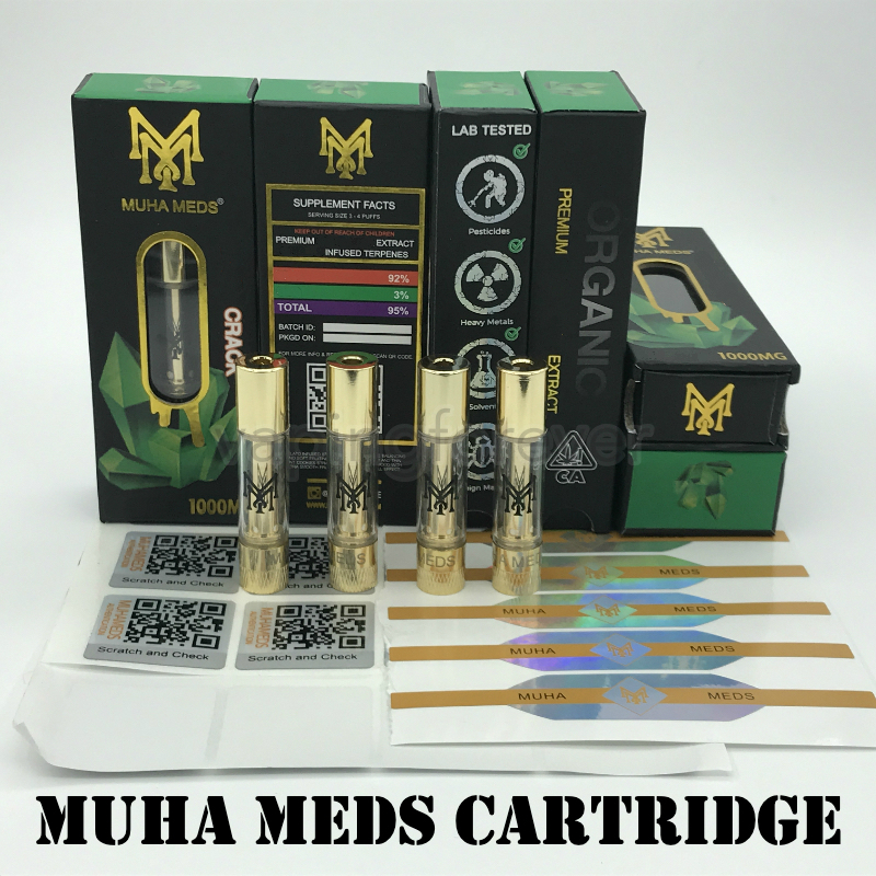

Newest Packaging Muha Meds Cartridge Live Resin Vape Carts 0.8ML Gold Tank Thick Oil Ceramic Coil Empty Atomizer For 510 Preheat Battery