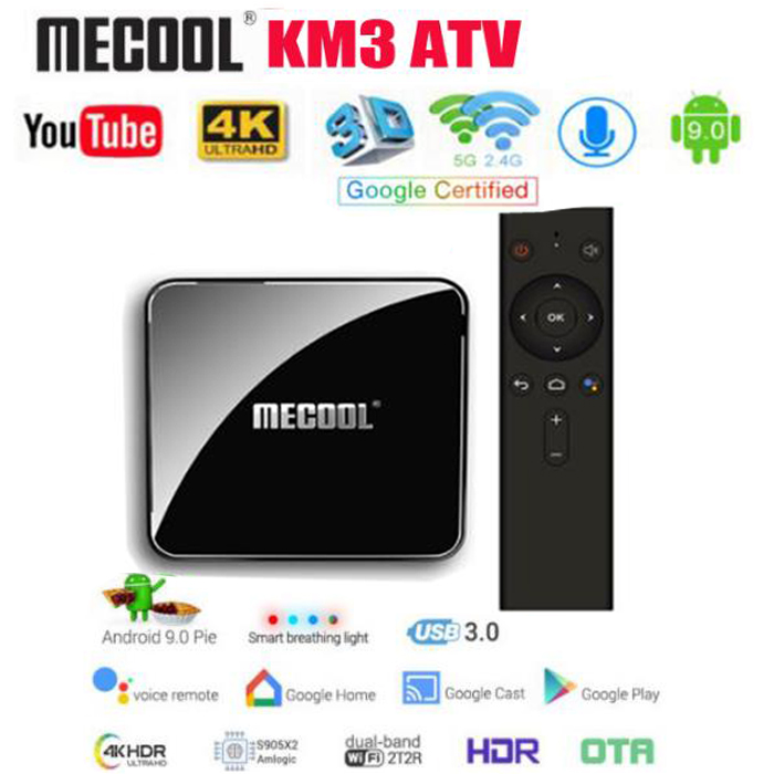 

Google Certified Mecool KM3 ATV 4G 64G/128G Android 9.0 TV Box Amlogic S905X2 Voice Input Dual WIFI BT4.1 Smart media player