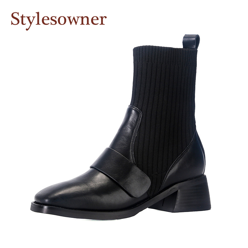 

Retro Elastic Wool Boots Women's 2020 Autumn /Winter New Square Toe Thick Heel Short Boots Knitted Versatile Mid-Heel Thin, As pic