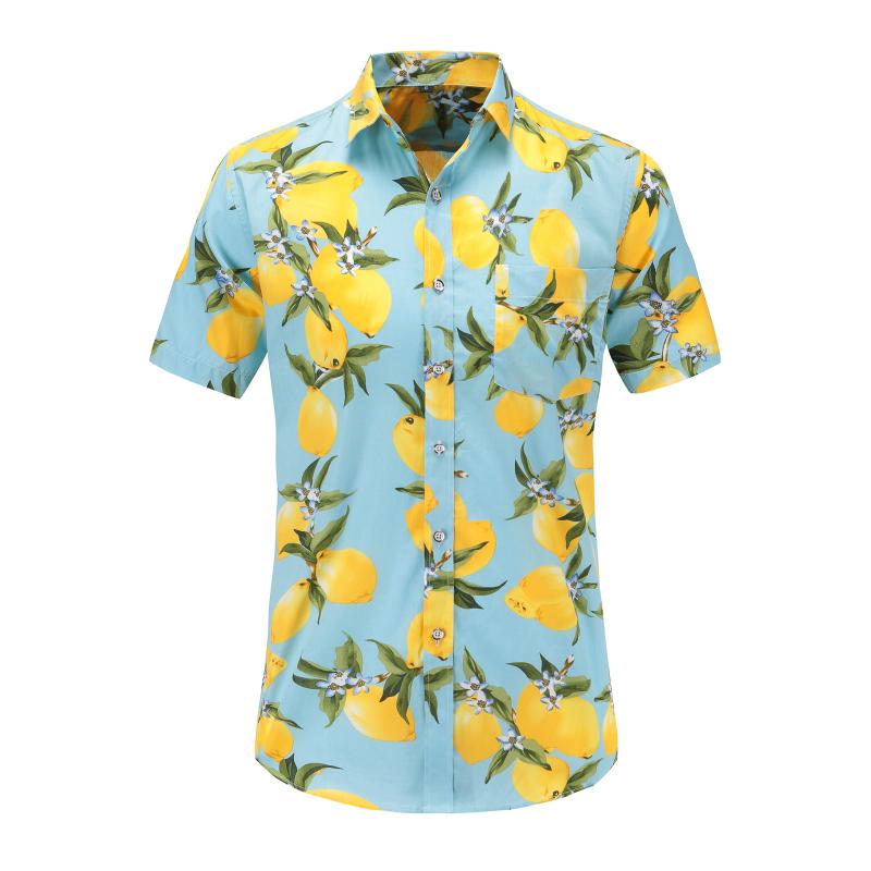 

Summer Beach Hawaiian Casual Shirts Men Fashion Lemon Printed Short Sleeve Shirt, White