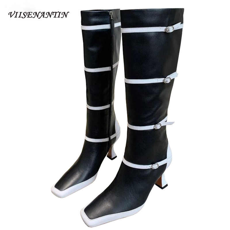 

New Belted Buckle Designer Knee High Square Toe Kitten Thin Heel Long Boots Women Black White Color Blocking Formal Dress Shoes, White short boots