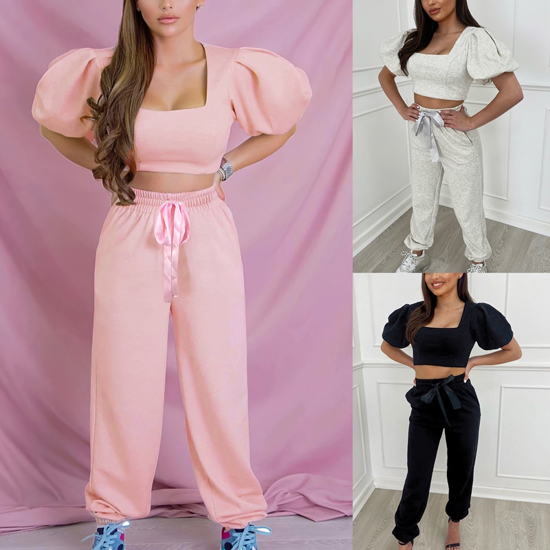 

Summer Casual T Shirt and Pencil Pants Square Collar Puff Sleeve Slim Short Top Trousers Two-piece Suit, Gray