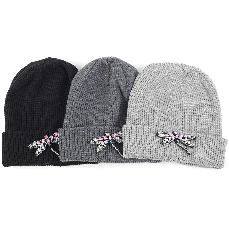 

Women Cashmere Beanie Hat With Dragonfly Accessories Autumn Winter Warm Cuff Hat Adult Beanies Skull Cap, Black