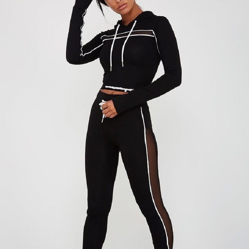 

Mesh sport suit women Hooded sweater sports wear for women gym yoga leggings drawstring long sleeve workout yoga set, Black